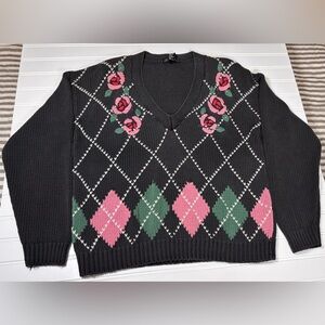 VTG 90s One STEP up Argyle Floral Knit Sweater Pink Rose Embroidery M